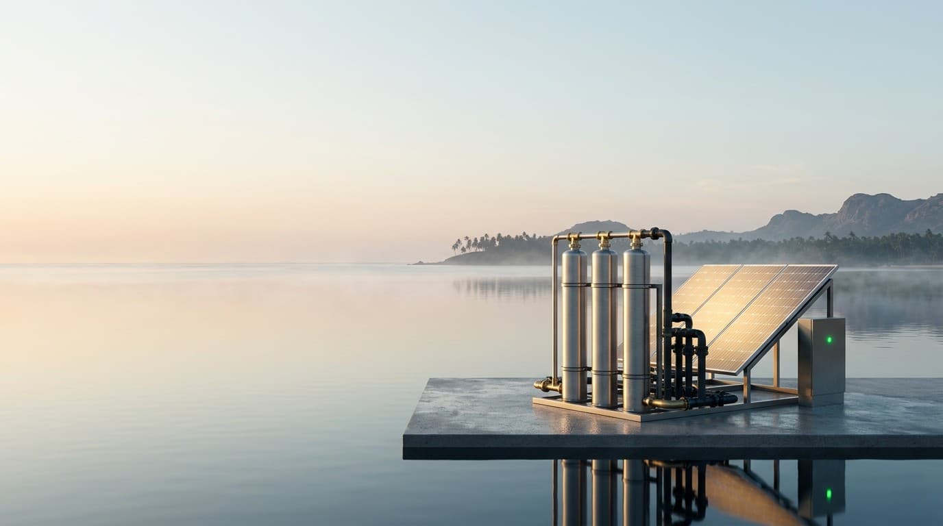 Xora AI Research Labs — solar-powered desalination installation at dawn on the Tamil Nadu coastline
